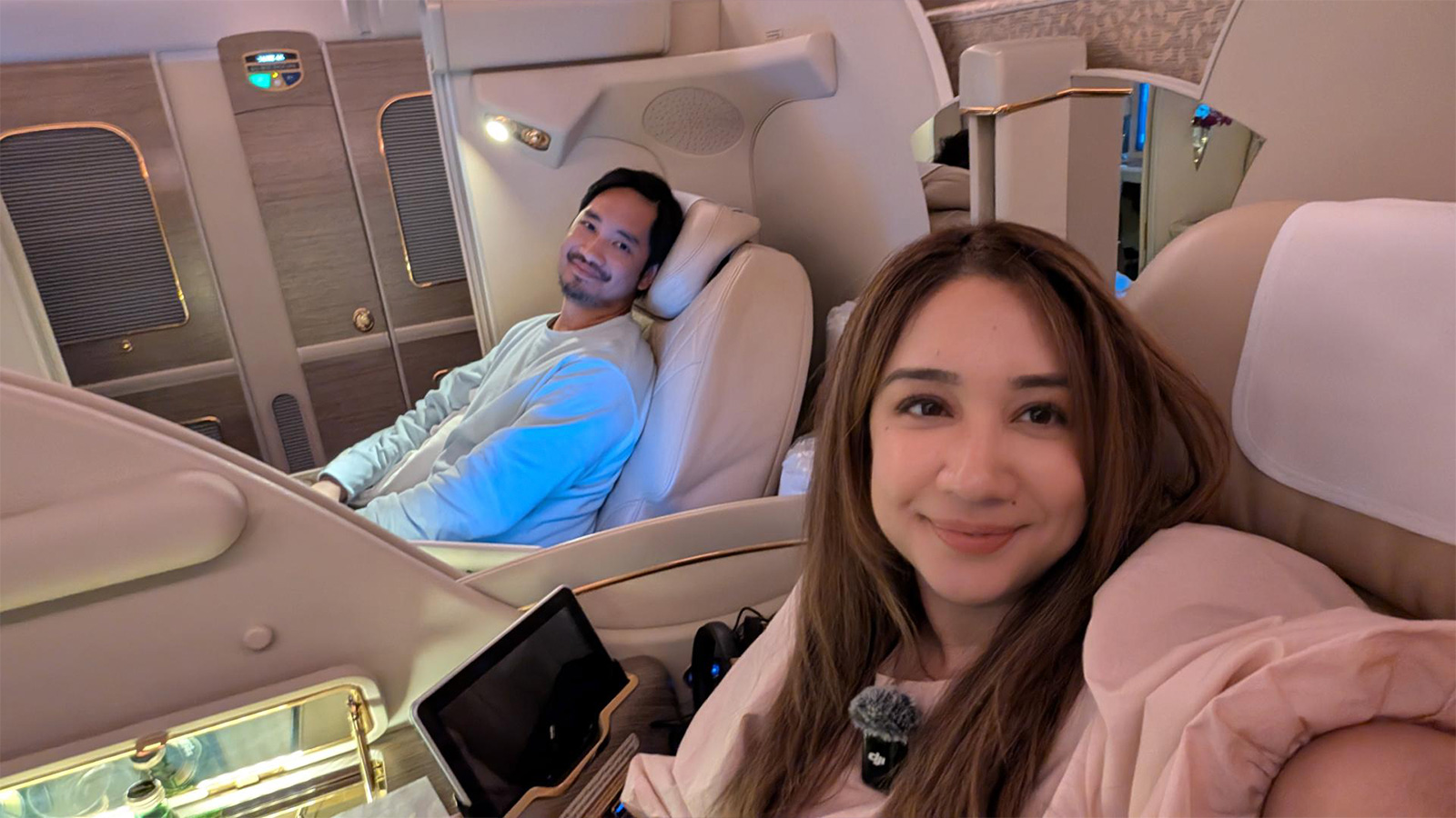 Emirates A380 First Class date on a plane