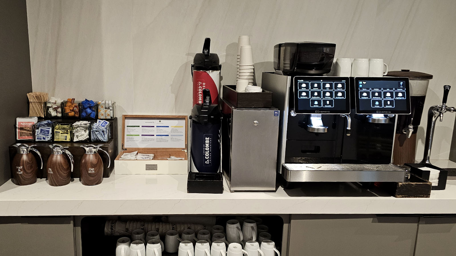 Hot drinks in the Admirals Club in Denver, Colorado