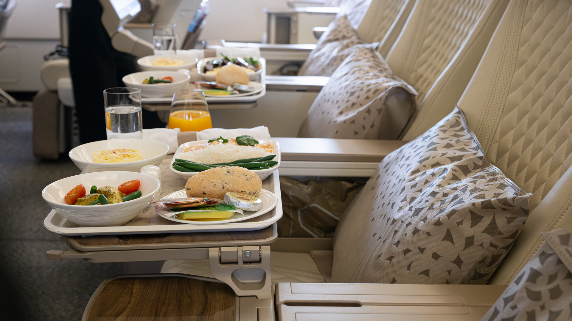 Emirates Premium Economy dining and pillows