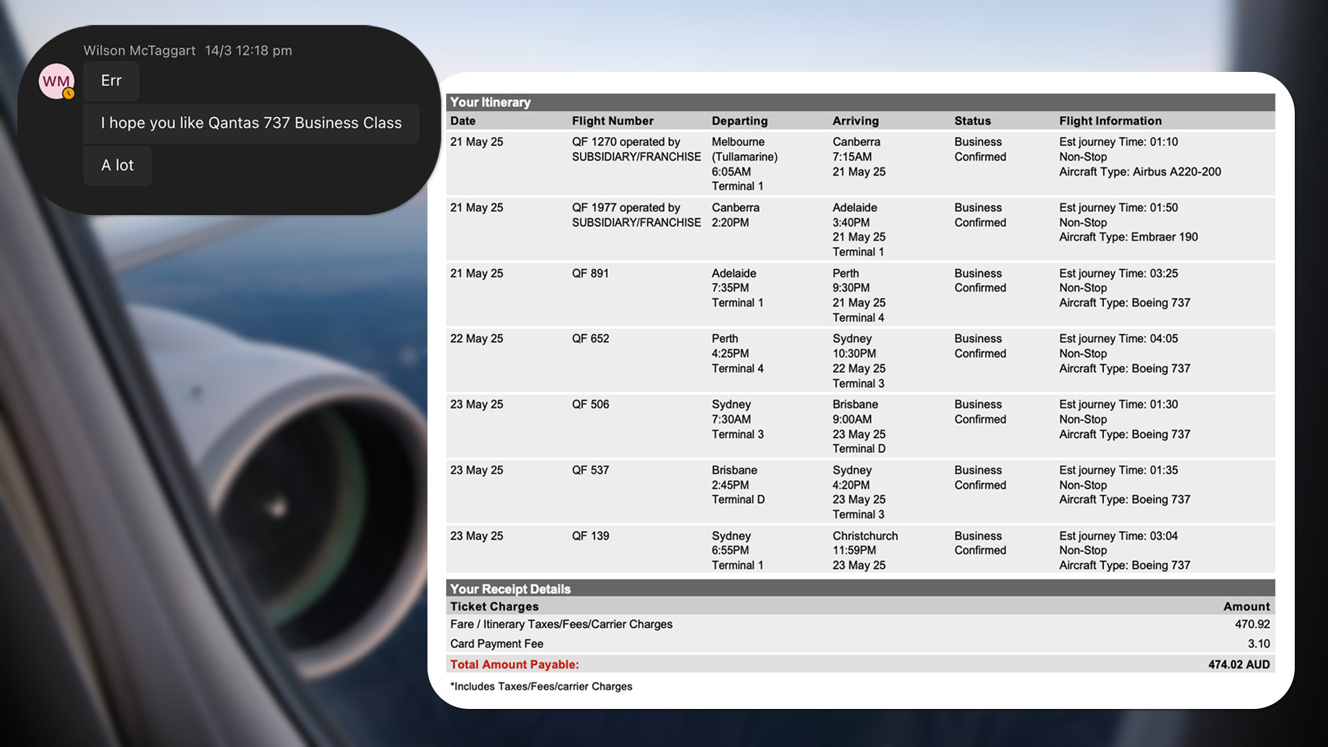 Qantas Classic Reward Itinerary plus the total cost.