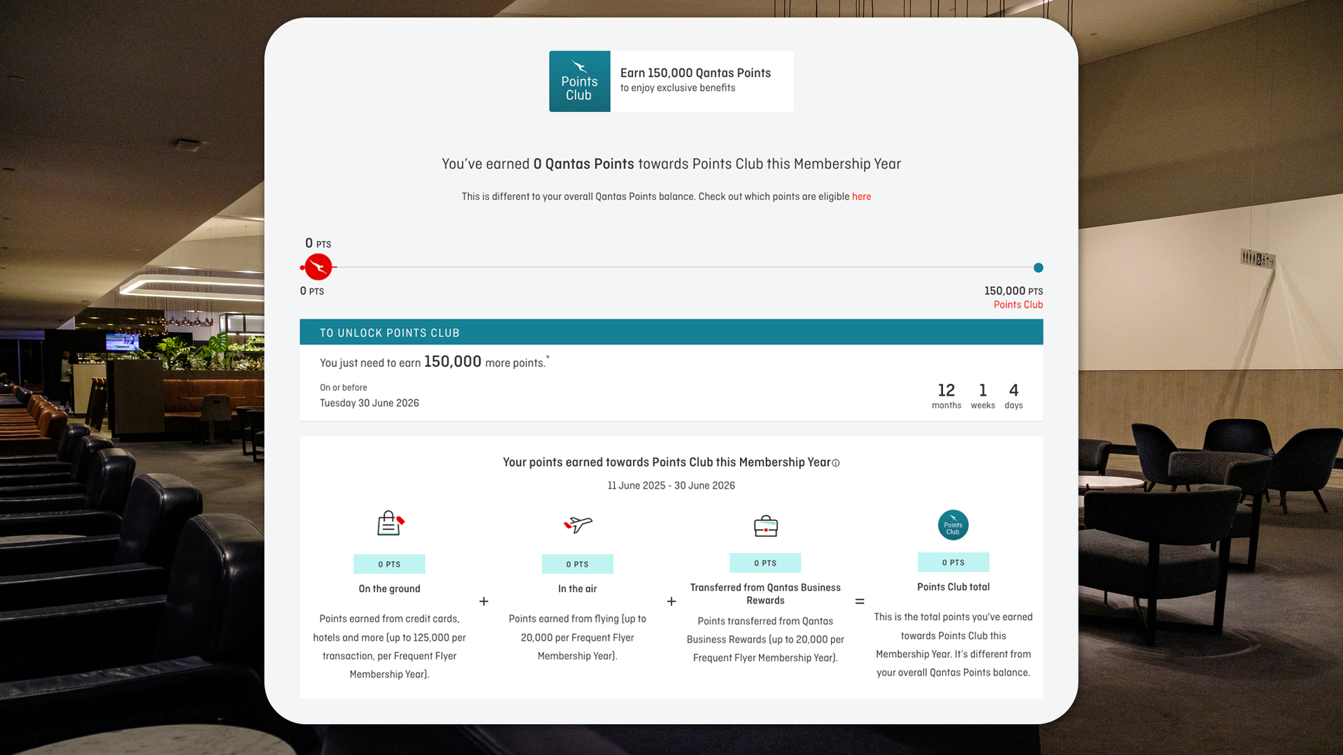 The Points Club page on a new Qantas Frequent Flyer account