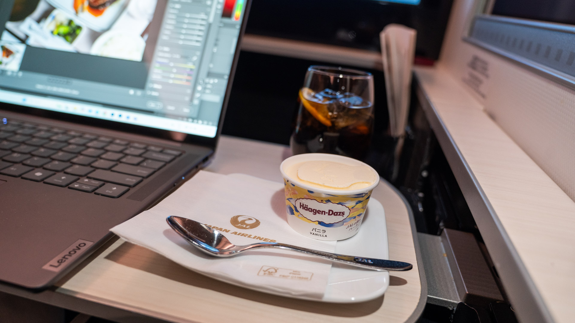 Japan Airlines Boeing 777 Business Class ice cream