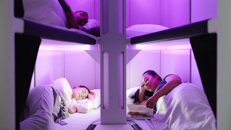Stretch out and fly flat on one of the world's longest flights, even in Economy. That's Air New Zealand Skynest.