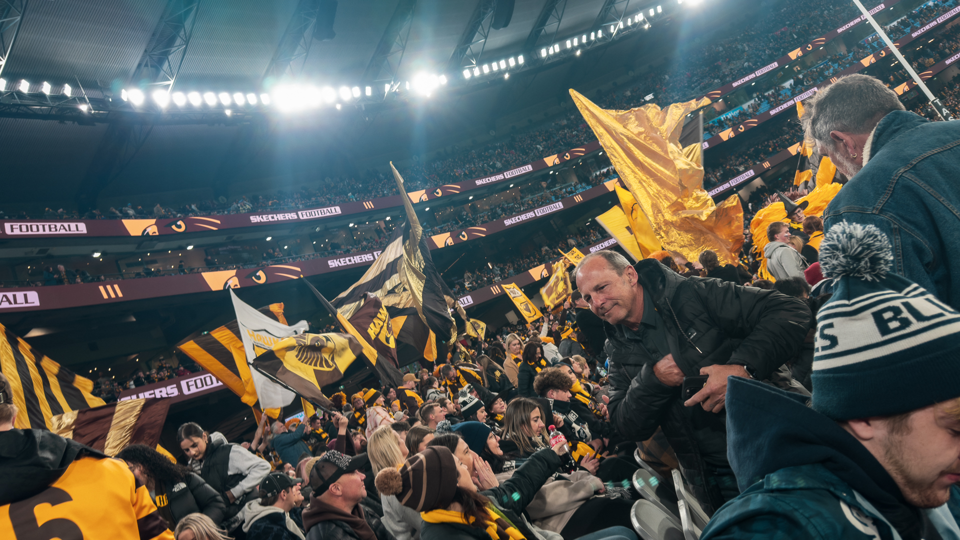 Low angle of Hawthorn fans in MCG stands.