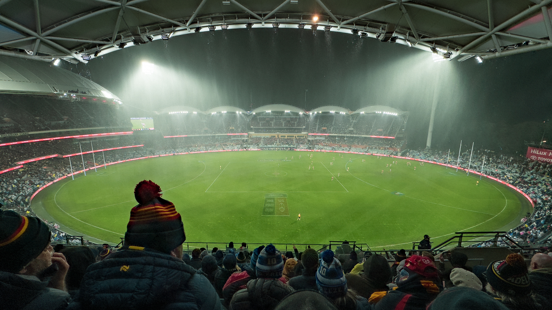 Wide of Adelaide Oval during heavy rain.