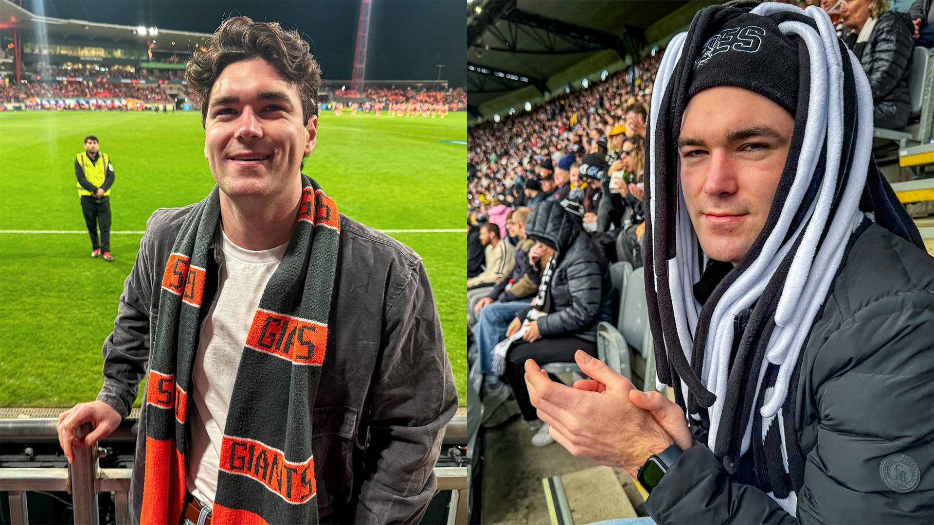 Joshua Weckert wearing GWS Giants scarf and wearing Collingwood Dreadlock Beanie.