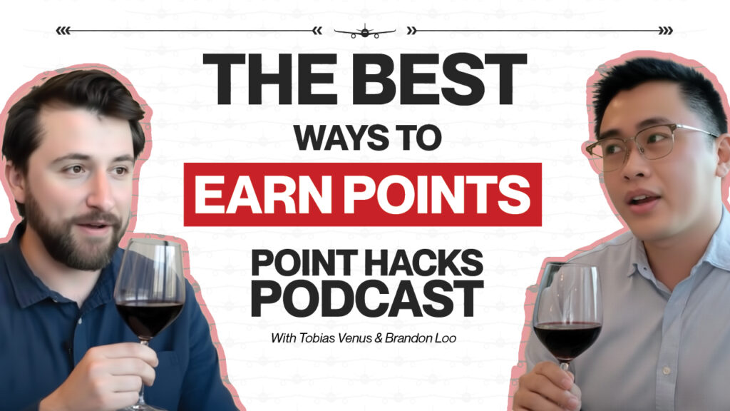 Podcast thumbnail. Tobias and Brandon holding wine, discussing frequent flyer points