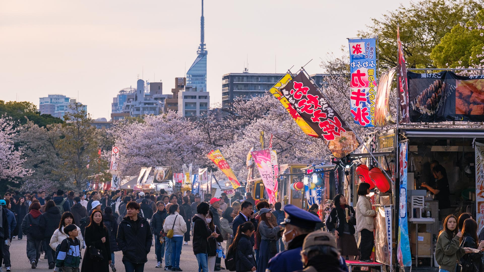 Crowds and food stalls at a cherry blossom festival in Maizuru Park, Fukuoka