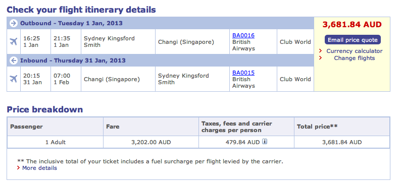 British Airways Business Class fare with discount applied