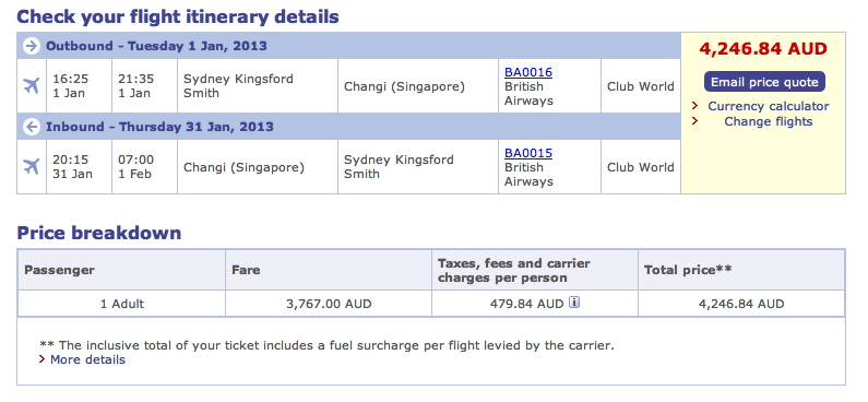 British Airways full Business Class fare