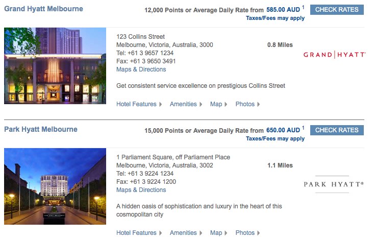Melbourne Hyatt Points Pricing