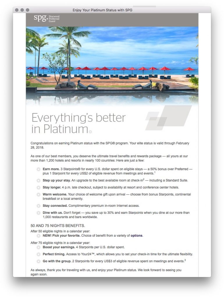 SPG Platinum Welcome Email