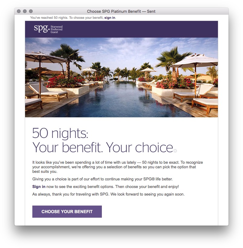 Choose 50 Night SPG Platinum Benefit Email