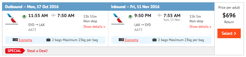 Flight Deal SYD-LAX AA Oct 2016 2