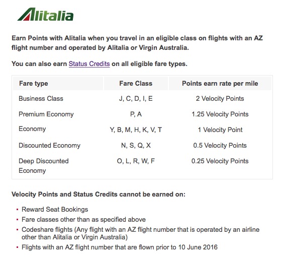 Velocity Alitalia Earn Rates 201606