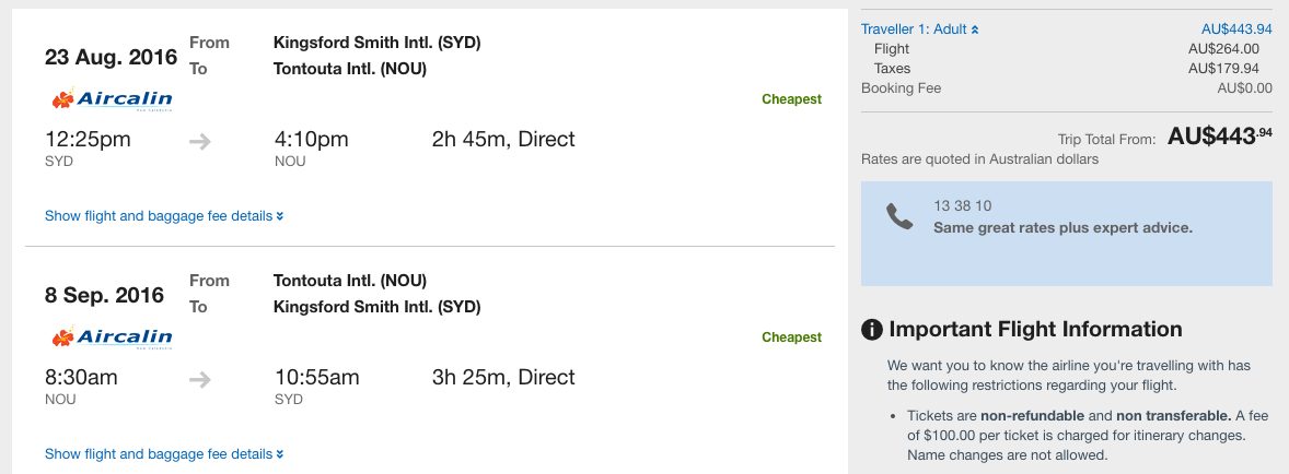 Flight Deal Qantas New Caledonia SYD-NOU Y