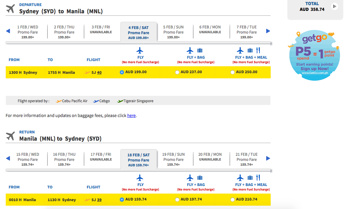 Flight Deal SYD-MNL Cebu no checked bags