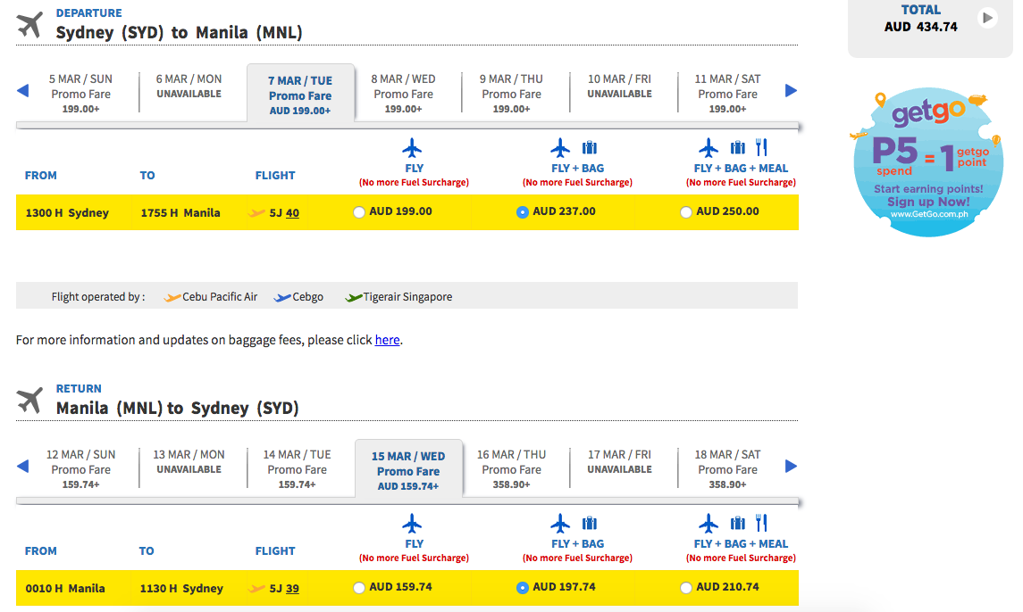 Flight Deal SYD-MNL Cebu with checked bags