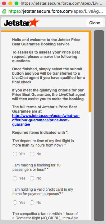 Jetstar Price Beat Guarantee form 1